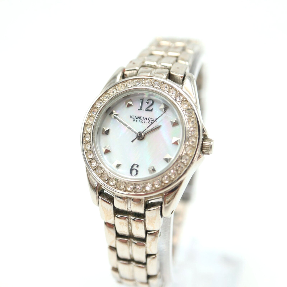 Kenneth Cole Reaction Womens Silver Tone Watch 27mm MOP Dial Jewel Bezel Working